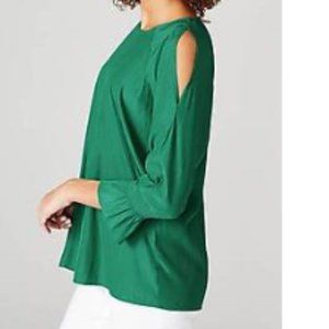 NWT J.Jill Silky Open-Shoulder Meadow Green Smocked Sleeve Blouse XLP